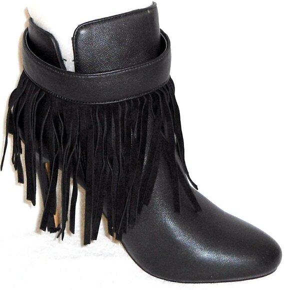 June Ambrose Black Leather Ankle Boots Platform Heels Fringe Tassel Bootie, 6.5W - Picture 4 of 10